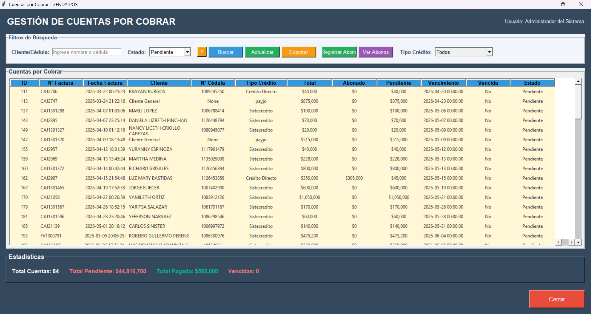 Cuentas por cobrar ZENDY-POS